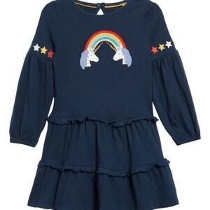 Mini Boden Rainbow Dress Blue Tiered Unicorn Applique 7-8